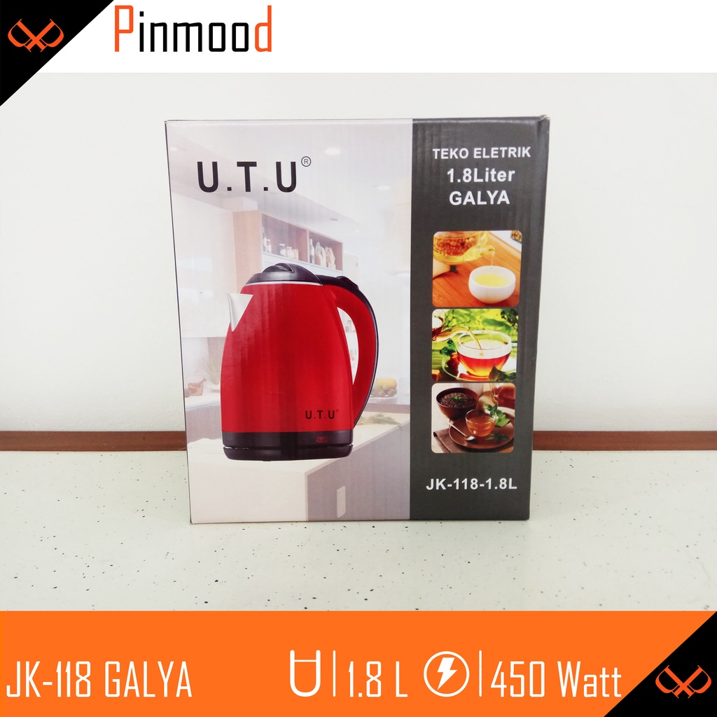 GALYA TEKO LISTRIK CERET PEMANAS AIR / KETTLE LISTRIK UTU  [ 1,8 LITER ] U.T.U STAINLESS STEEL MERAH MURAH