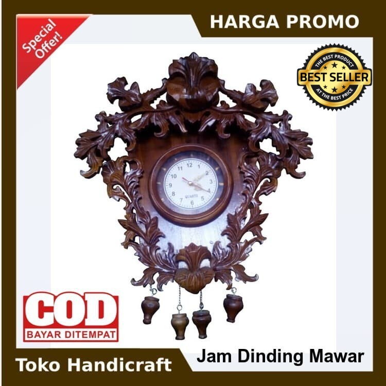 JAM DINDING KAYU JATI UKIR MAWAR / JAM DINDING KAYU UKIR JEPARA JAM HIAS KAYU JATI