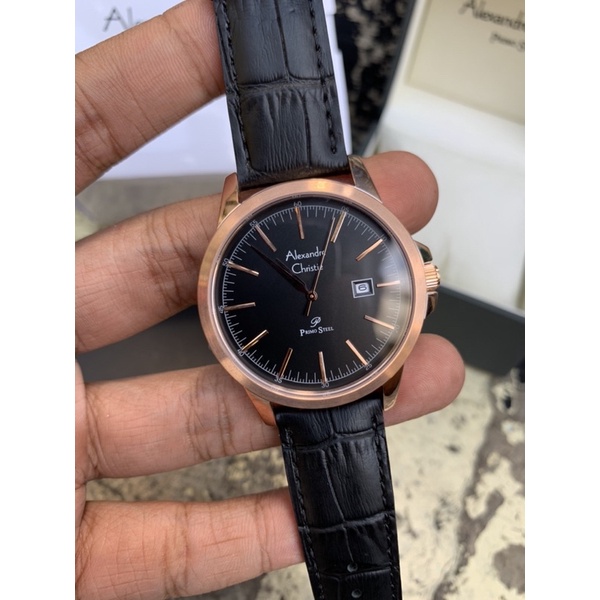 Jam Tangan Pria Alexandre Christie AC 1008 MD Primo Steel Black Rosegold Leather Black Original