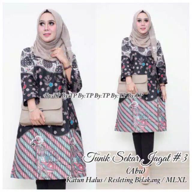 Batik Couple Tunik Andriyani Felisha Sekar Jagat #3 Abu Vania Mono Sekar Jagad Modern Kerja