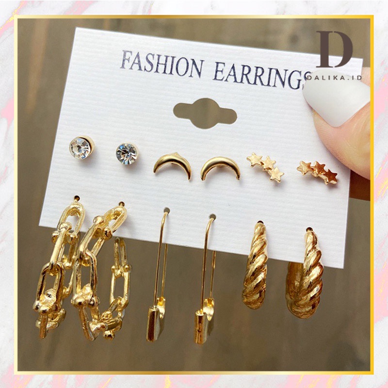 Anting Tusuk Korea 6 Pasang Berlian Peniti Bulan Sabit Hoop Bentuk Rantai Dalika
