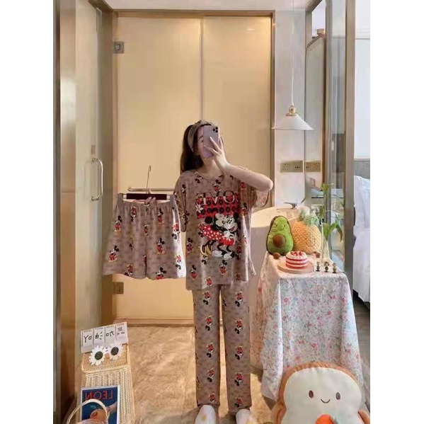 Piyama 3in1 baju tidur wanita import spandek comic