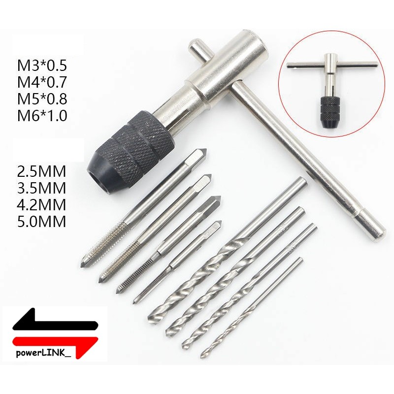 Hand Tap Set 9pcs - Screw M3-M6 Wrench Holder - Reversible Taps