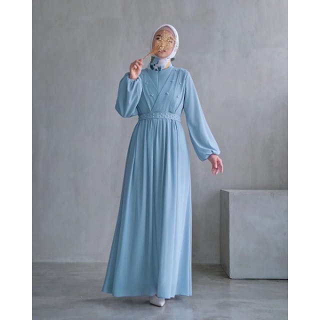 Gamis Pesta Mewah Elegan Baju Lebaran Mutiara Dress Kondangan M L XL Outfit Wanita Kekinian Gamis Malaysia Gamis Lengan Balon