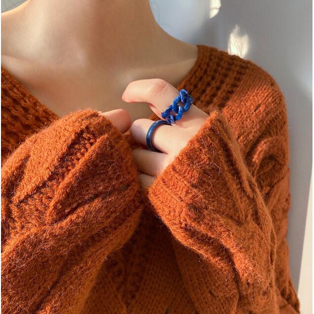 Set Cincin Rantai Kombinasi Model Hollow Bahan Resin Akrilik Gaya Retro Untuk Wanita