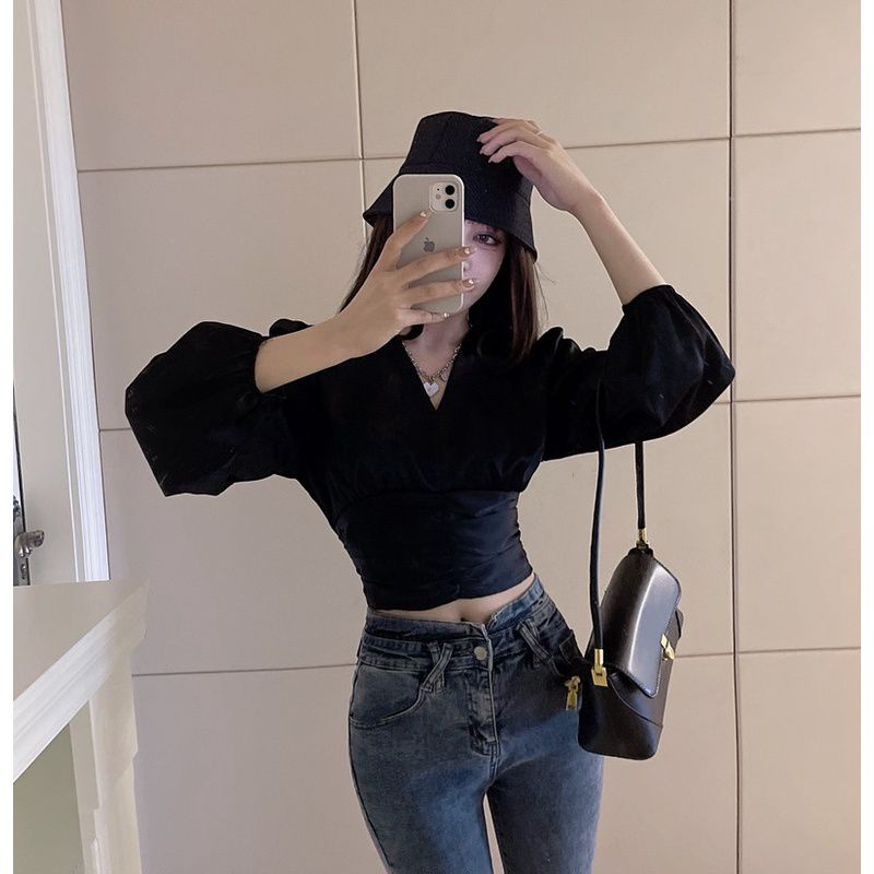 blouse wanita satin v neck lengan panjang -blouse import - blouse slim fit- blouse premium