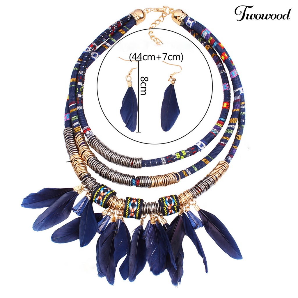 2pcs / Set Kalung Anting Rumbai Bulu Multilayer Bahan Alloy Gaya Bohemian Etnik Untuk Aksesoris Perhiasan