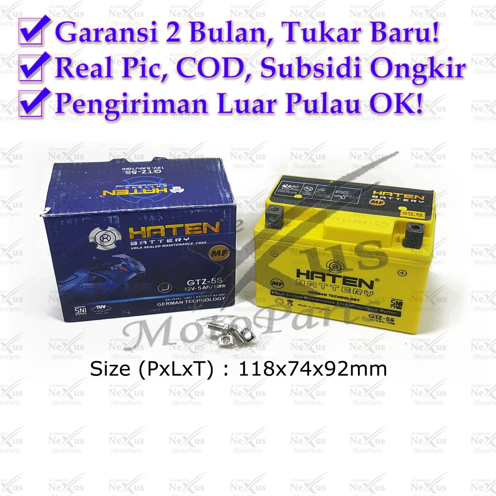 Aki Motor Haten GTZ-5S YTZ3 GTZ4V YTZ4V YTX4L YB4LA YB4LB GTZ5S YTZ5S HTZ5F 12V 5Ah Karisma Beat Mio