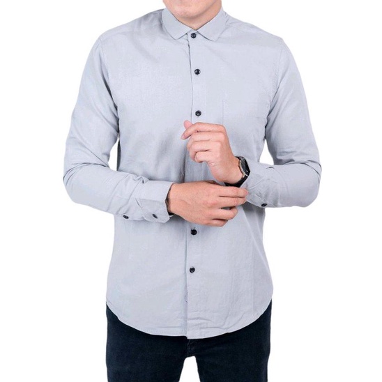 Kemeja / Hem Polos Pria Cowok Kasual Formal PREMIUM Lengan Panjang Pendek Warna SOFT GREY / ABU MUDA