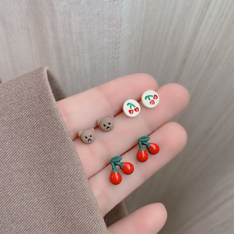 6pcs / lot Anting Tusuk Sterling Silver 925 Desain Buah Ceri / Beruang Lucu Untuk Wanita