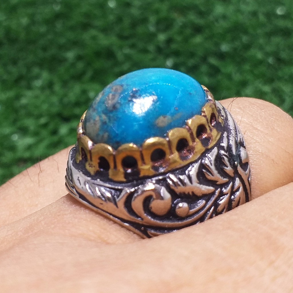 Batu Pirus Natural Persia Biru Polos Bercadas Royal Blue nya Tajam Ring Klasik