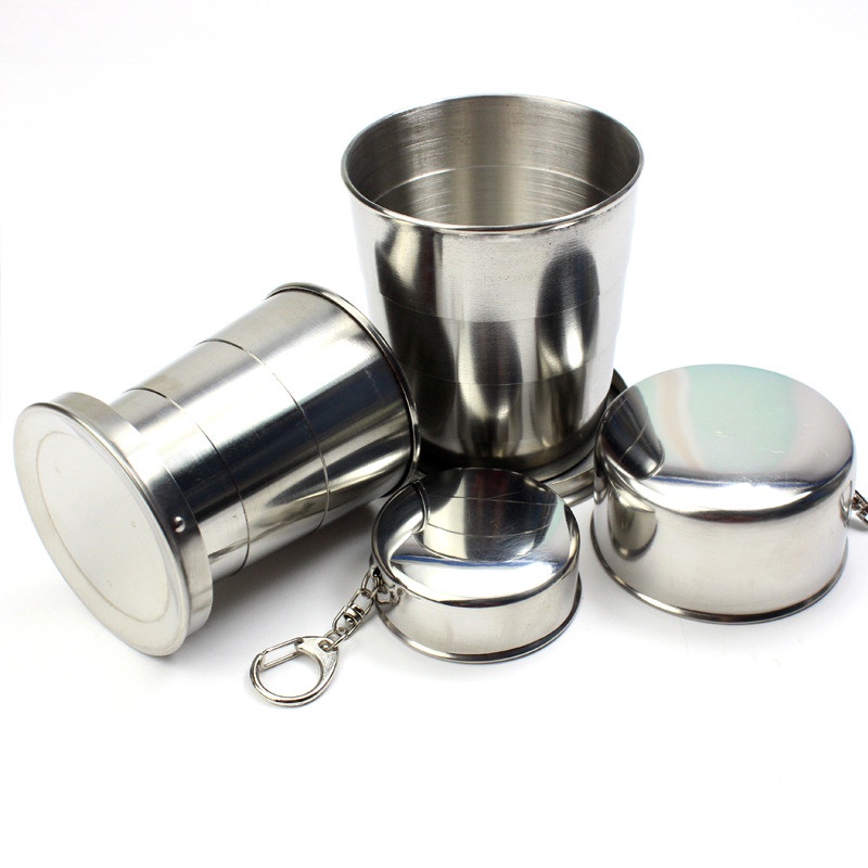 【COD】 TaffSPORT` Cangkir Lipat Stainless Steel` Gantungan Kunci Gelas` 3 Section Folded Mug