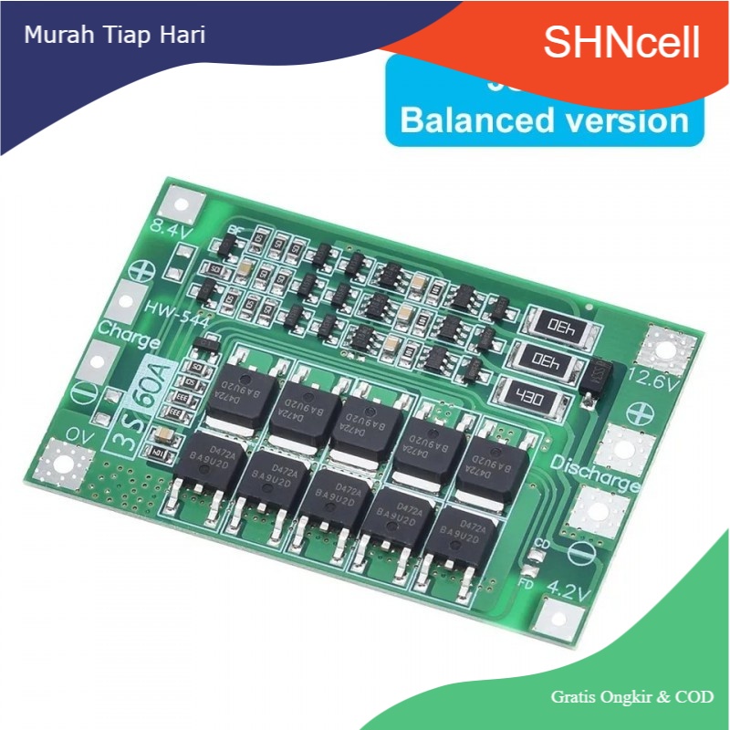 BMS 3S 12V 60A Papan PCB Pelindung Plus Balance Baterai Lithium 18650