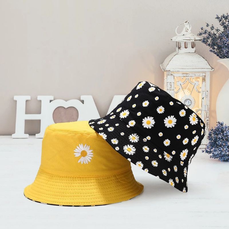 Topi Bucket Dua Sisi Anti Uv Motif Bordir dan Sablon Bunga Daisy Bahan Drilll / Daisy 002-Kuning Bunga Anak