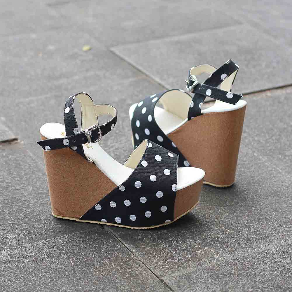 Sandal Wedges Wanita Fashion Tali Hak Heels 12 cm Polkadot Laica Series Blackkelly Original