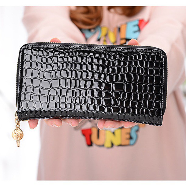 DOMPET WANITA KULIT CROCO GLOSSY 2 RESLETING KOREA PANJANG HITAM BAILEY WA149B5 MURAH PESTA