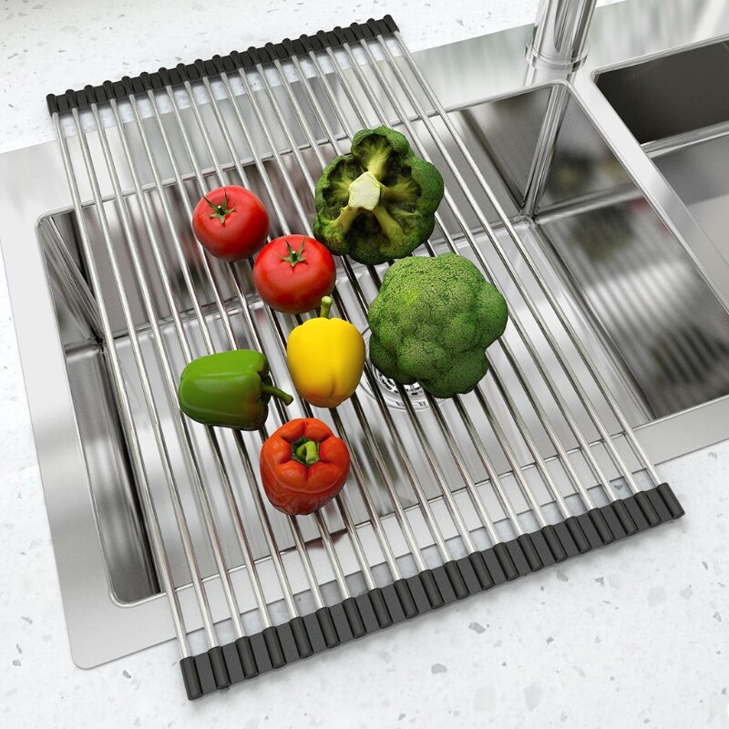 Rak Pengering Piring Gulung Multi Guna Rolling Drainer Over Sink Mat Tahan Panas Stainless Steel Dapat Dilipat Untuk Dapur