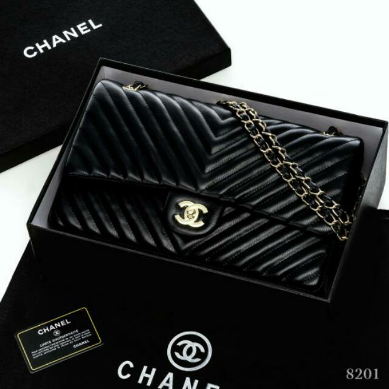 TAS IMPORT MAXY CHEVRON FREE BOX & PAPERBAG ACC. GOLD LAMBSKIN CARVIAR FLIP 0089 BATAM WANITA MIRROR