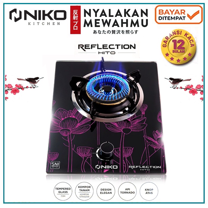 Kompor Gas Tanam Niko 1 Tungku NIKO Reflection HITO Motif Bunga Tempered Glass
