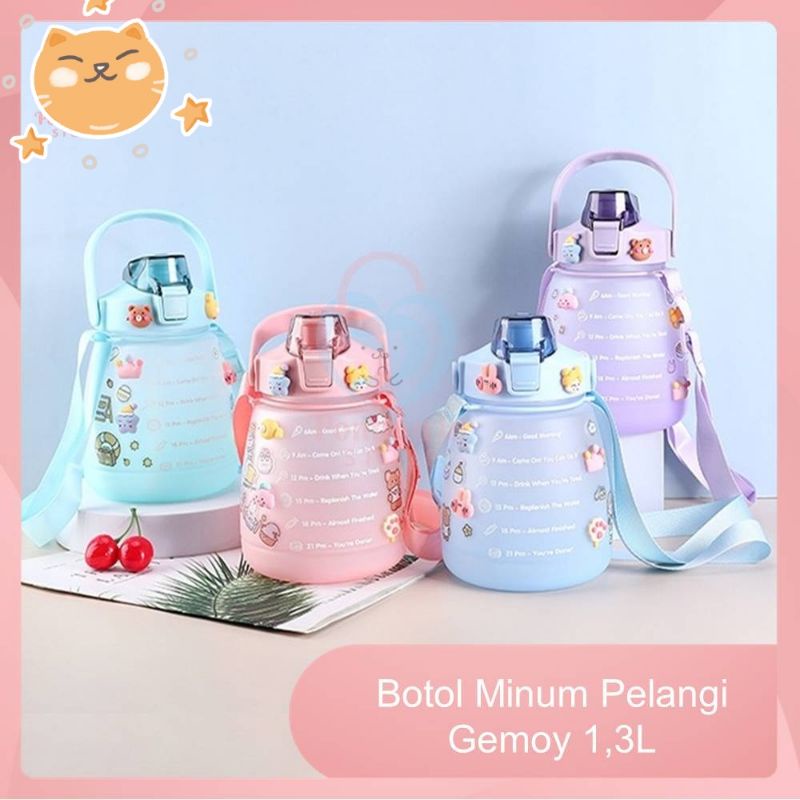 FREE Sticker] Botol Minum Pelangi Gemoy 1,3 Liter 1.3L (Botol Motivasi Warna Gradasi 1300mL)