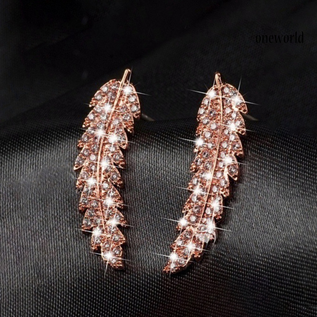 OW# Women Fashion Leaf Rhinestone Inlaid Ear Stud Earrings Romantic Jewelry Gift