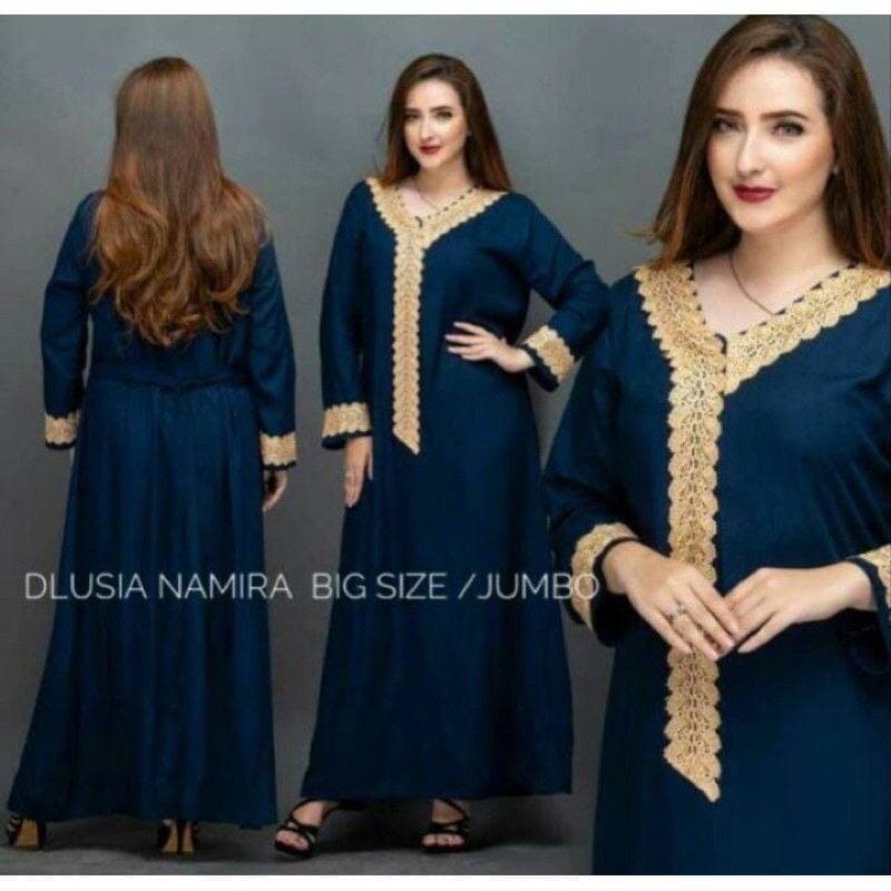 Namira Dlusia Dress Wanita Renda Arab Rayon Premium Longdress Lengan Panjang Baju Wanita Kekinian LD 110 cm