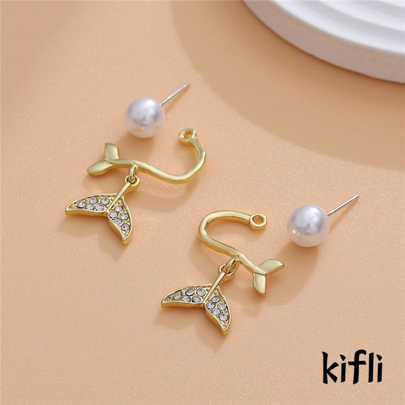 Anting Tusuk Gantung Desain Geometri Ekor Ikan Hias Mutiara + Berlian Gaya Mewah Untuk Wanita