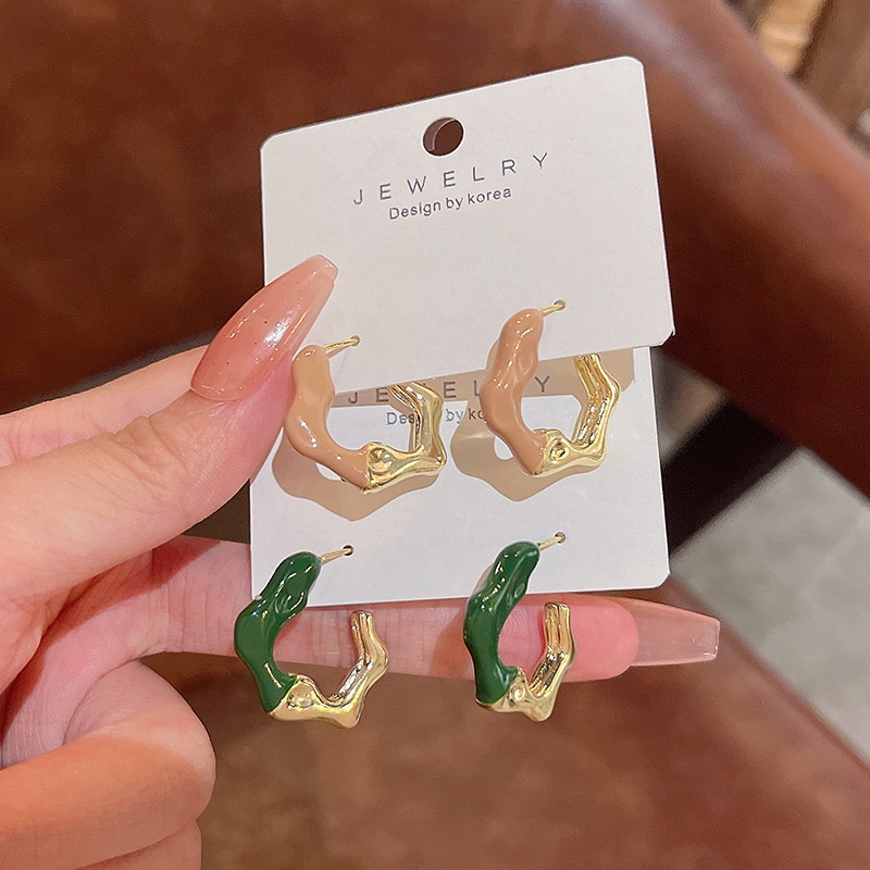 Anting Tusuk Bentuk C Geometris Warna Hijau Bahan 925 silver Gaya Retro Perancis