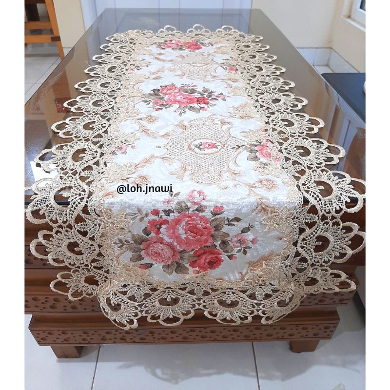 Taplak Meja Tamu Renda Shabby Chic Motif Floral Panjang 40x100 cm Gaya Eropa Klasik Vintage Premium Impor