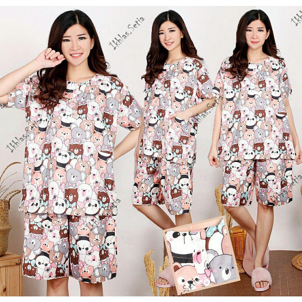 PIYAMA SETELAN PENDEK JUMBO KATUN KARAKTER BAJU TIDUR KANCING DEPAN-KJ BERUANG KUMPUL
