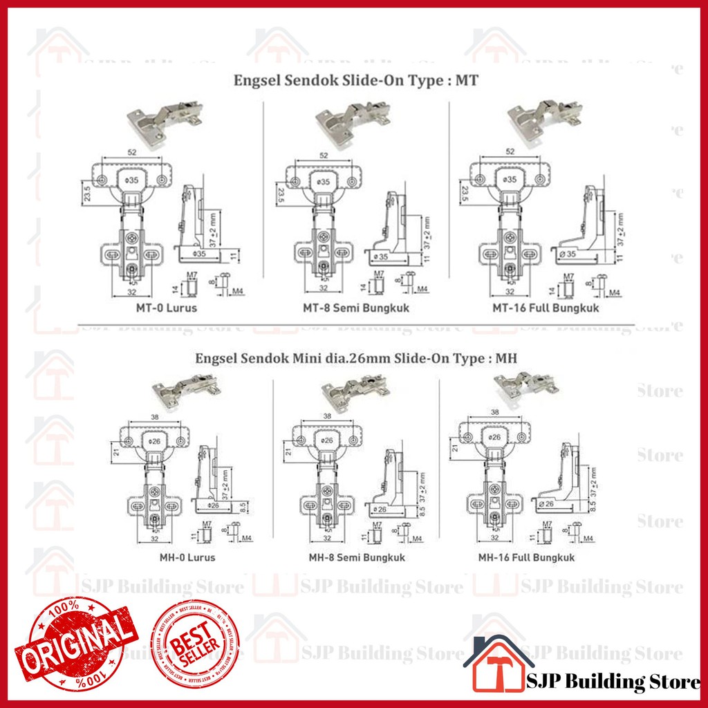 HUBEN Engsel Sendok 35 mm 26 mm Lurus full bungkuk per PASANG 2 pcs