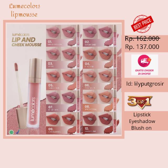 LIPSTIK LUMECOLOR, LIPSTIK NATURAL, LUMECOLOR, LUMECOLORS VELVET LIP & CHEEK MOUSSE