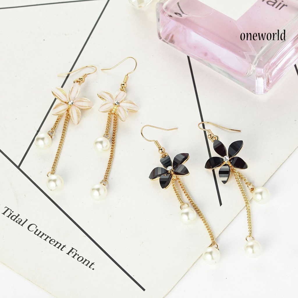 OW@ Earrings Flower Fake Pearl Pendant Elegant Alloy Long Chain Dangle Hook Earrings for Girl