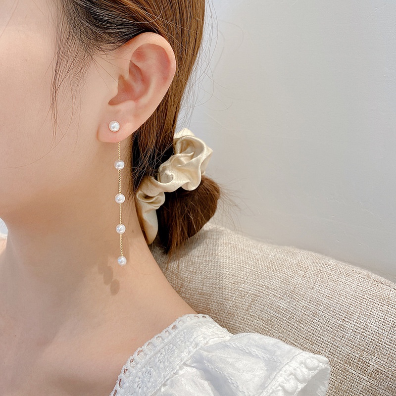 Anting Rantai Rumbai Panjang Hias Mutiara Gaya Korea Minimalis Elegan Untuk Wanita