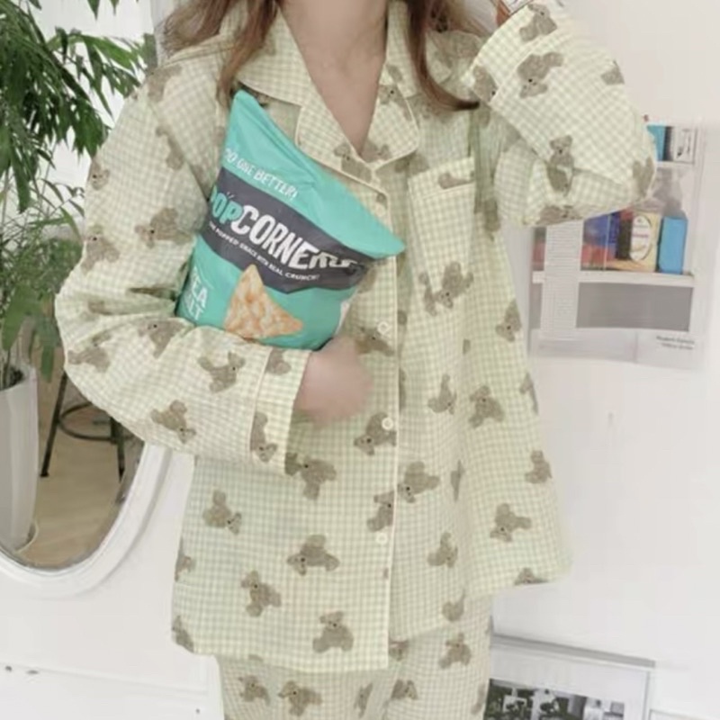 [ready stock] green korean teddy pajama | set baju tidur gaya korea motif korea motif boneka beruang bear