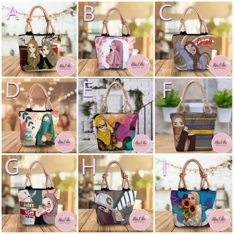 Tas Tote Bag Tali Sumbu / Tali Tambang / Tote Bag Karakter Hijab Canvas Murah Lucu