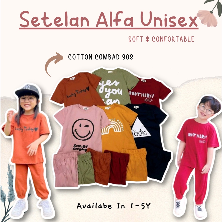 Setelan Anak Unisex Alfa Lucuna SMILEE Size 1-5Tahun / Setelan Boy and Girl / Setelan anak Lucu CBKS S24