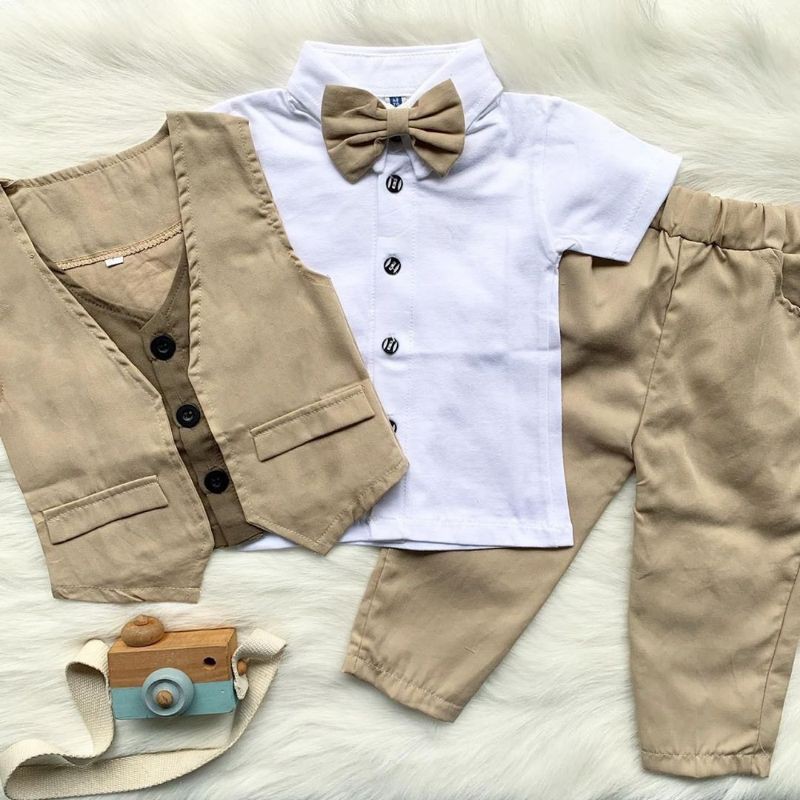 RAFFABY SECRET'S Set Baby Tuxedo Celana Panjang | Setelan Anak Laki laki | Baju Anak 1-7 Tahun-Coklat Muda