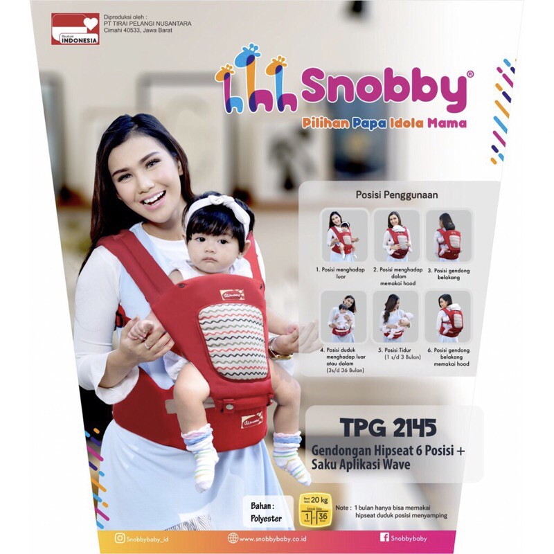 Gendongan Bayi Duduk / Hipseat Snobby TPG 2145 (Warna Merah) BONUS MASKER SNOBBY MULTIFUNGSI