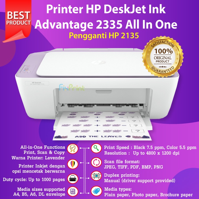 Printer HP Deskjet Ink Advantage 2336 2335 2337 NEW ORI RESMI Print Scan Copy A4 Cetak Max F4 Usb Penerus HP Deskjet 2135, Hp 2775 2776 with WiFi Wireless Black Color Photo Printer Kuliah Multifungsi All In One Termurah