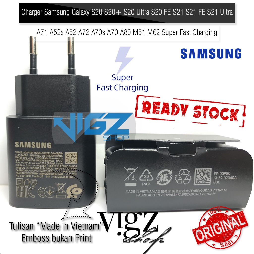 Charger Samsung Galaxy S23 Z Fold3 5G S20 S20+ S20 Ultra S20 FE S22 Note 10 Lite S21 S21 FE S21 Ultra A71 A52s A52 A72 A70s A70 A80 M51 M62 Super Fast Charging 25W Original 100%
