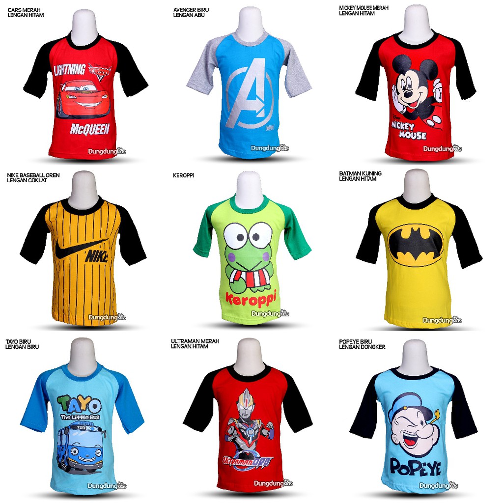 BAJU KAOS RAGLAN KARAKTER PAKAIAN ATASAN ANAK COWOK LAKI LAKI MOTIF KARTUN SUPERHERO