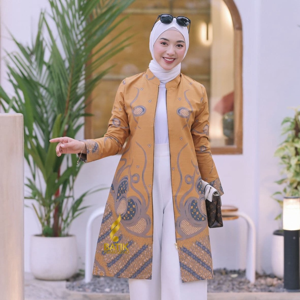 Ulfa Kuning - Tunik Batik Wanita Prabuseno Lengan Panjang Baju Atasan Tunik Wanita Stylish Formal El