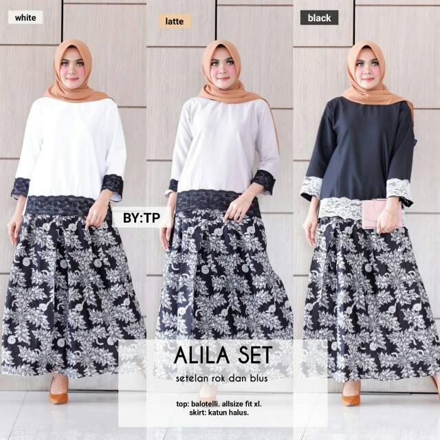 SETELAN ROK DAN BLUS ALILA SET BUNGA HITAM BAJU KONDANGAN MURAH SETELAN WANITA BATIK SET