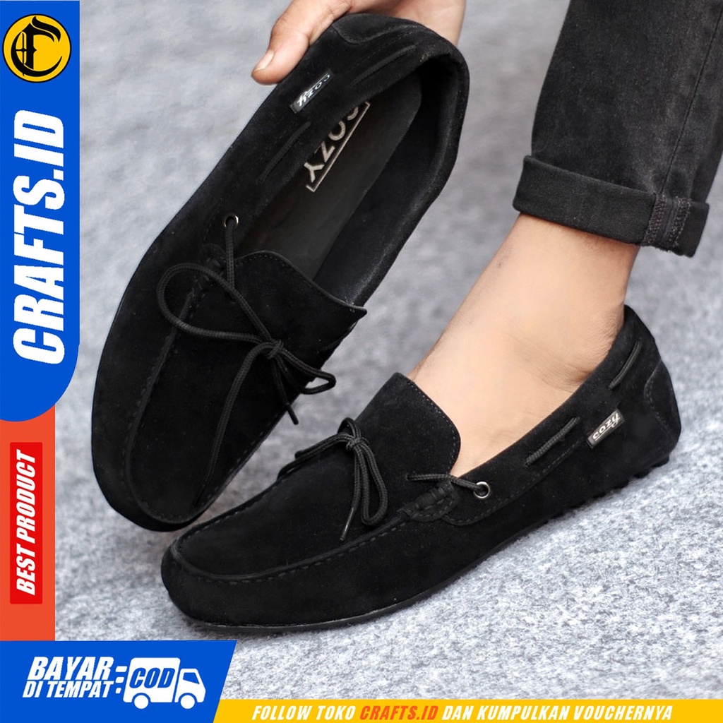 Sepatu Slip On Pria Sepatu Casual Pria Kulit Suede Kerja Kantor Kuliah Kondangan Sepatu Slop Pria Sepatu Hitam Pria CRAFTS RENES