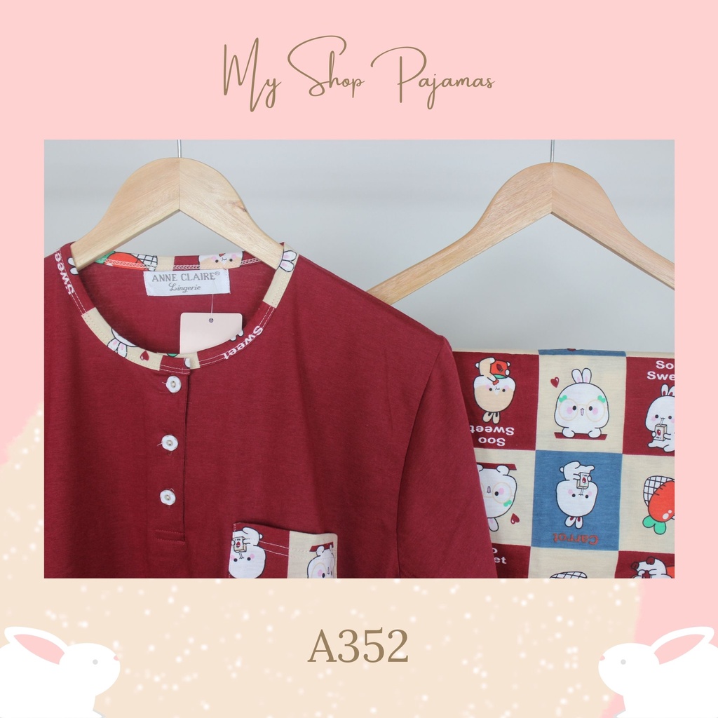 PIYAMA BABYDOLL WANITA TANGAN LENGAN PENDEK CELANA 3/4 ANNE CLAIRE BAJU PAKAIAN TIDUR DEWASA SETELAN SLEEPWEAR PAJAMAS TP-Maroon