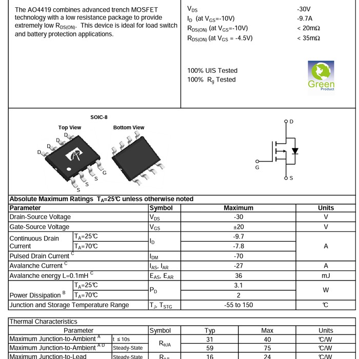 IC MOSFET AO4419 FET P CHANNEL