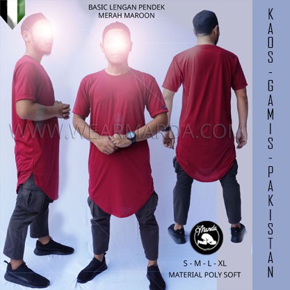 Kaos Polos Pria Gamis Pakistan Longline Tangan Pendek Kurta Merah Maroon