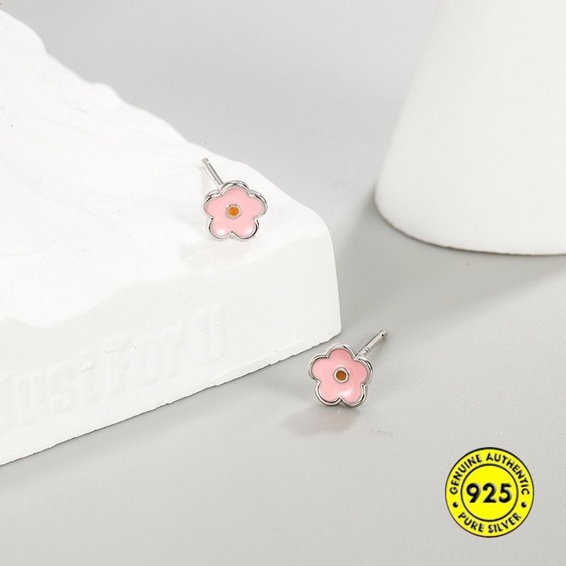 Anting Stud Sterling Silver Bentuk Bunga Kecil Warna Kontras Untuk Wanita