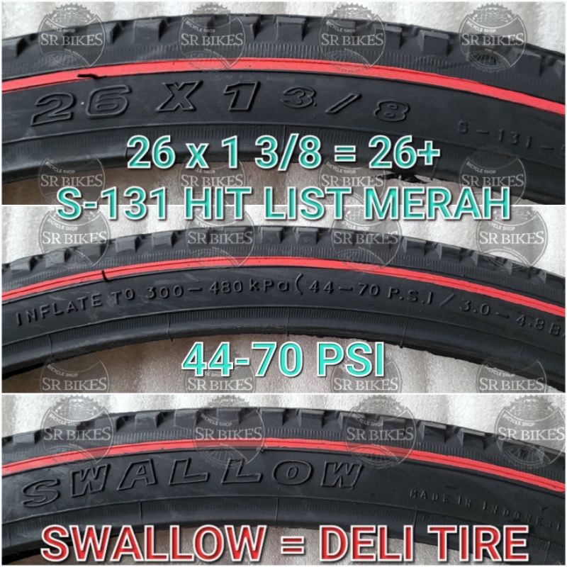 Ban Luar 26 x 1 3/8 Sepeda Jengki CTB. Hitam Lis Merah. SWALLOW DELI TIRE
